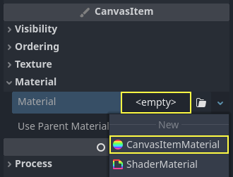在粒子节点检查器的底部创建一个 CanvasItemMaterial