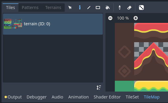 在编辑器底部打开的 TileMap 面板。TileMapLayer 节点必须先选中。