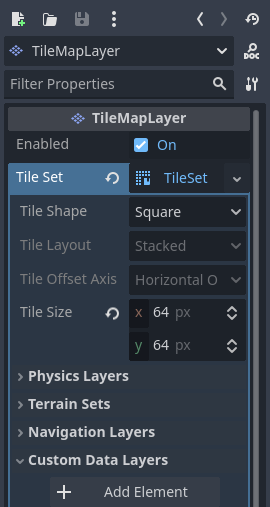 在(TileMapLayer 节点的)TileSet 资源检查器中创建自定义数据层