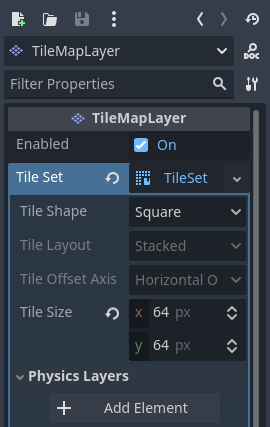 在 TileSet 资源检查器（TileMapLayer 节点内）中创建物理层