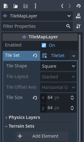 在(TileMapLayer 节点的)TileSet 资源检查器中创建地形集